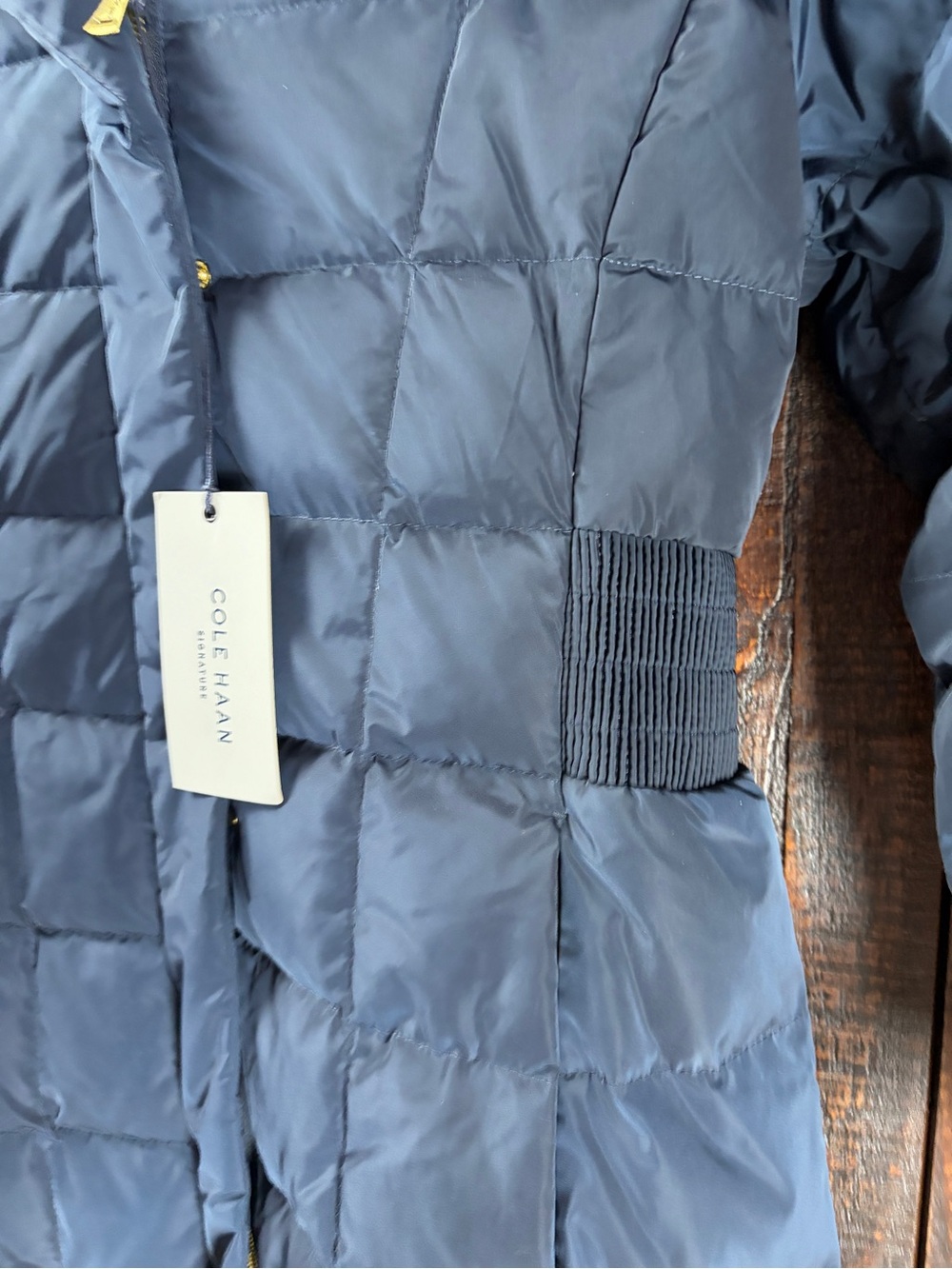 Cole Haan Navy Quilted Down/Feather Hooded Maxi Puffer Coat Medium - Picture 5 of 8
